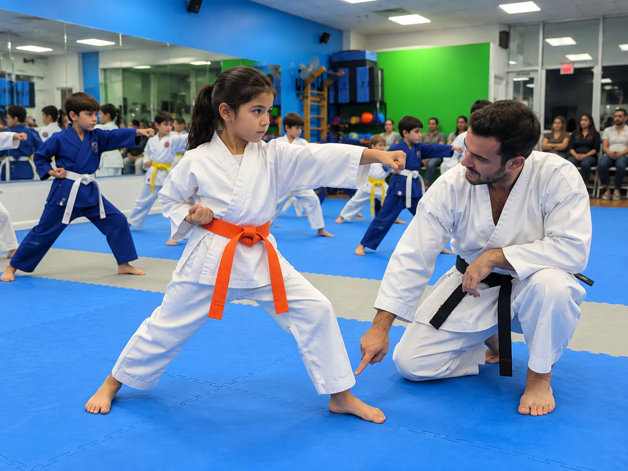 Girl with an orange belt retrying a karate punch as a kneeling instructor watches