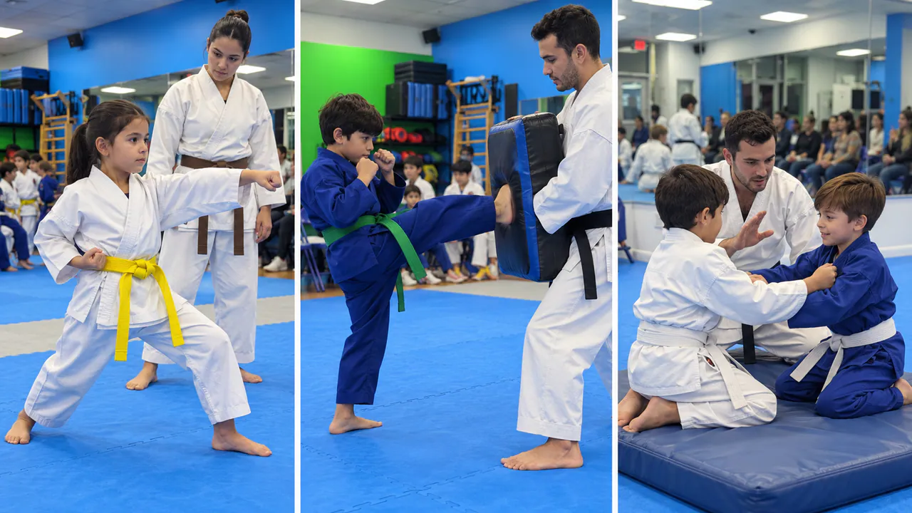 Three photos of kids training: a karate stance, a kick on a pad and close-contact practice on a mat