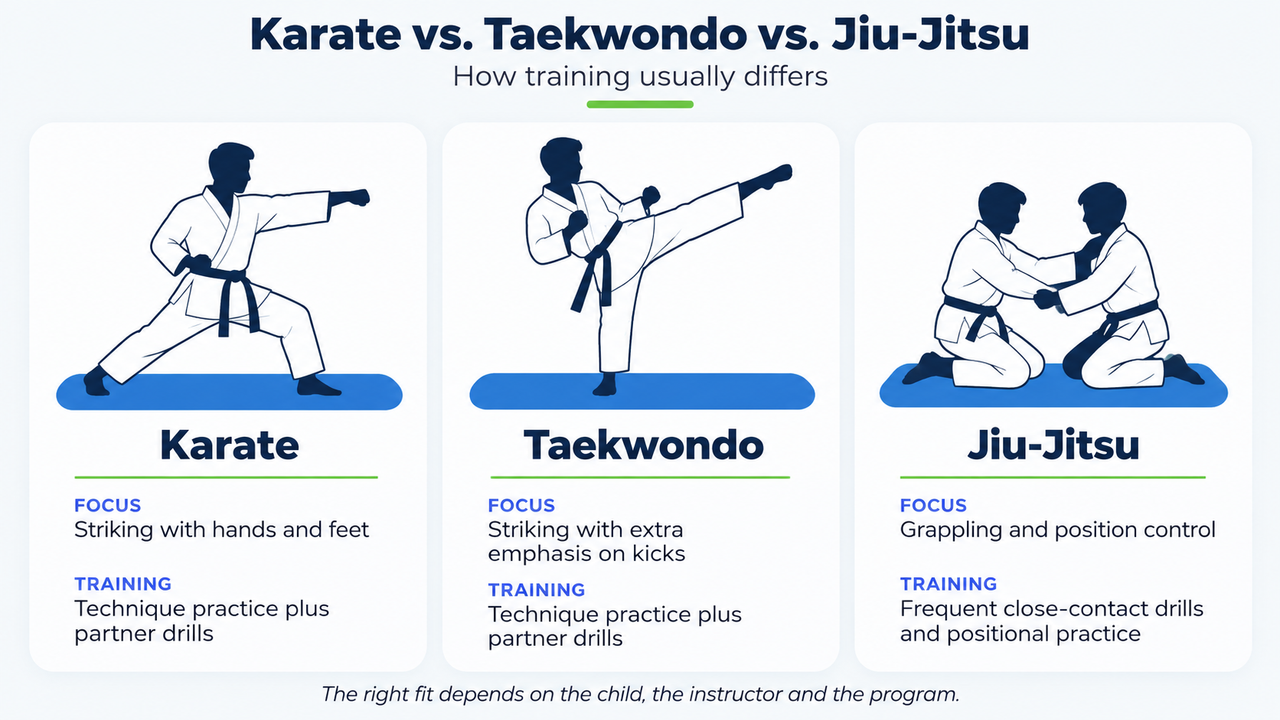 Infographic comparing how karate, taekwondo and jiu-jitsu training usually differ for kids