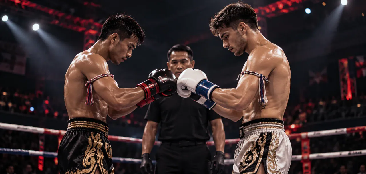 Two kickboxing athletes meet gloves in the ring before a bout, with a referee between them.