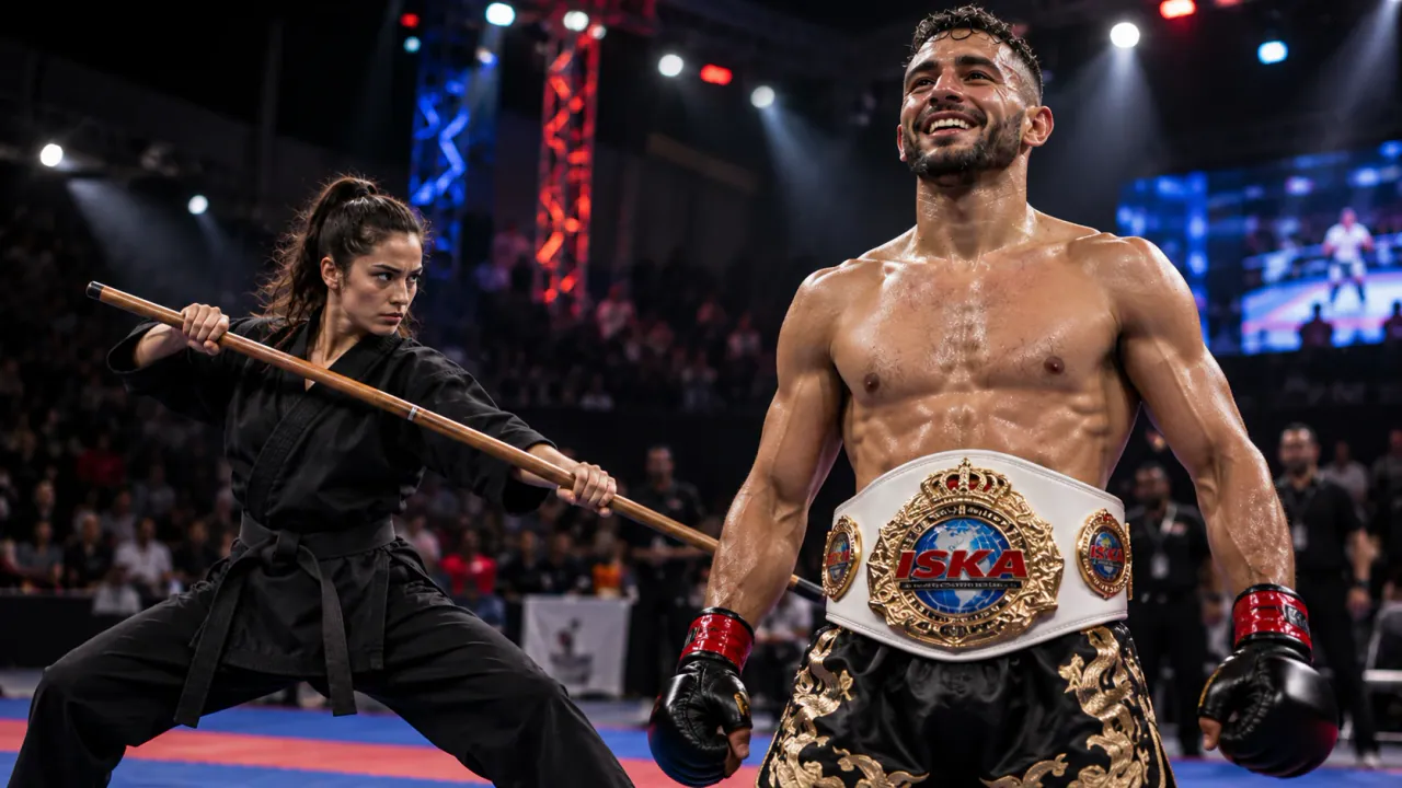 A traditional karate practitioner with a bo staff alongside a kickboxing champion raising a championship belt