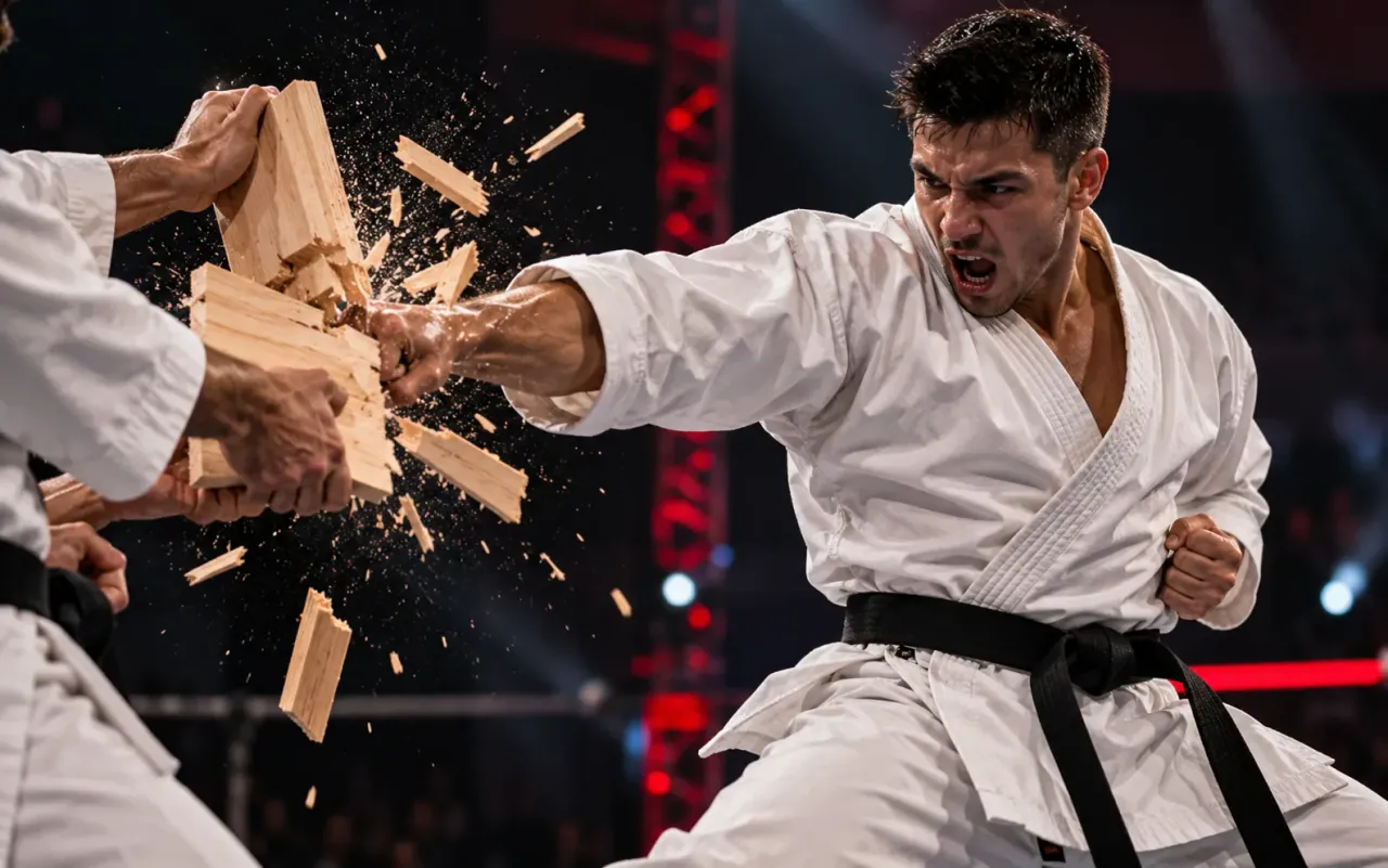Karate practitioner breaking boards with a focused strike