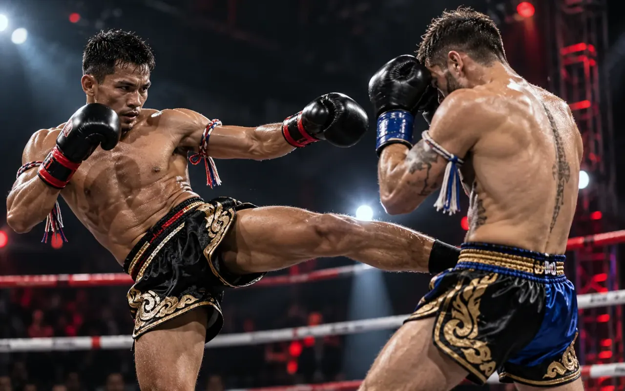 Muay Thai athlete delivering a kick during a ring bout