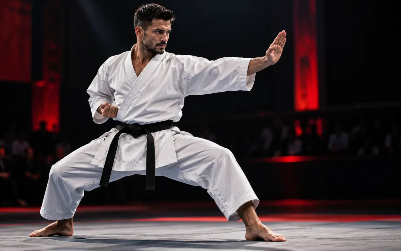 Karate practitioner performing a traditional kata stance